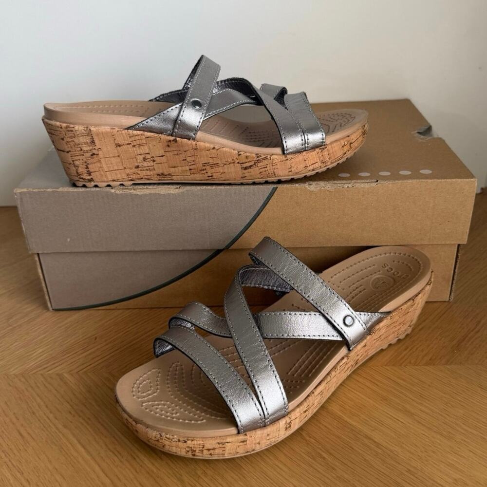 Crocs A-Leigh Metallic Silver Women Cross Strap Wedge Sandals- SZ 7
